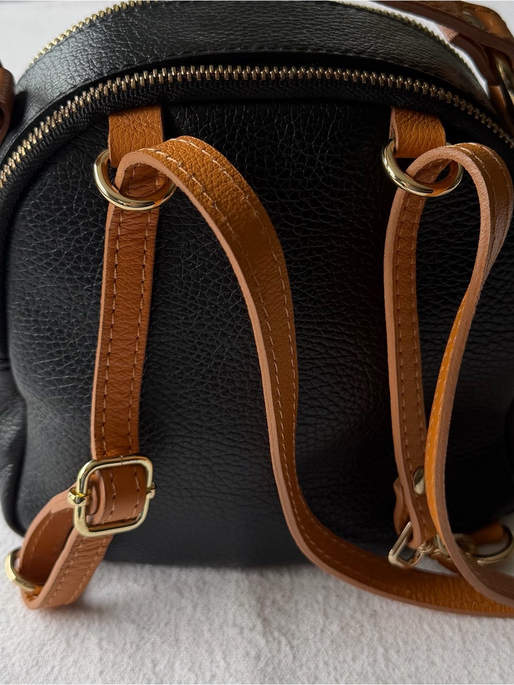 Black Leather Minimalist Women's Backpack with Tan Straps